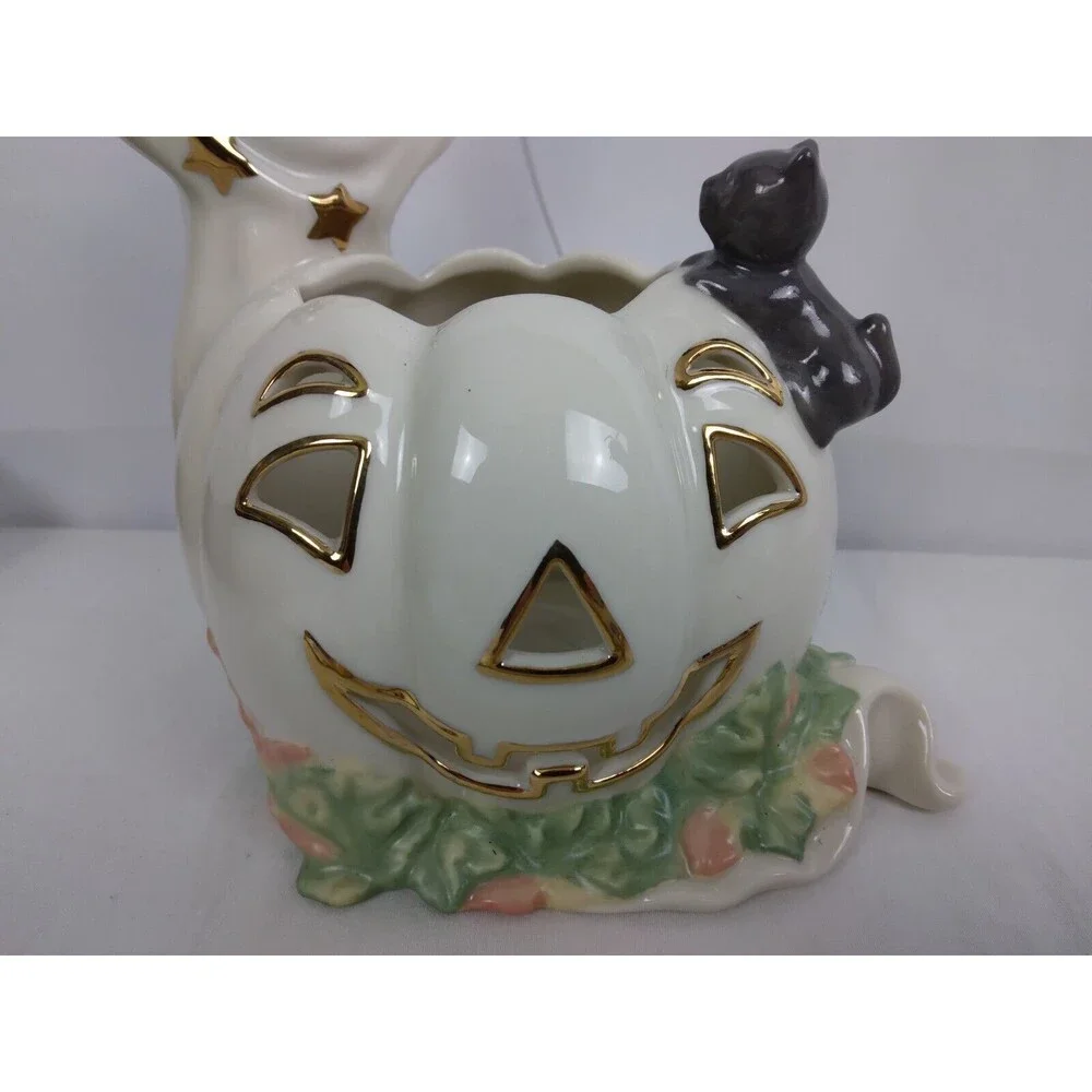 Lenox Occasions White Ghost with Pumpkin and Cat Votive Candle Holder - Picture 2 of 9